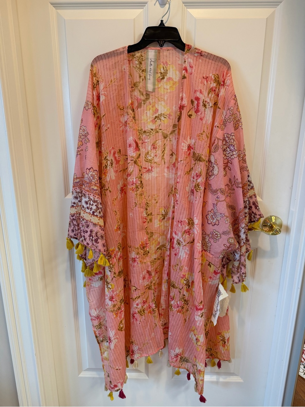 Aratta Pink Floral Sheer Kimono Wrap with Yellow Tassel Trim - Picture 5 of 9
